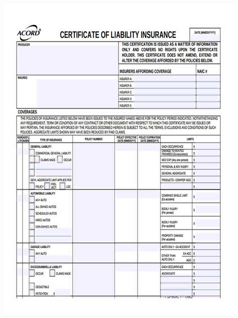 Download Certificate of Liability Insurance Form Template Doc - Sample